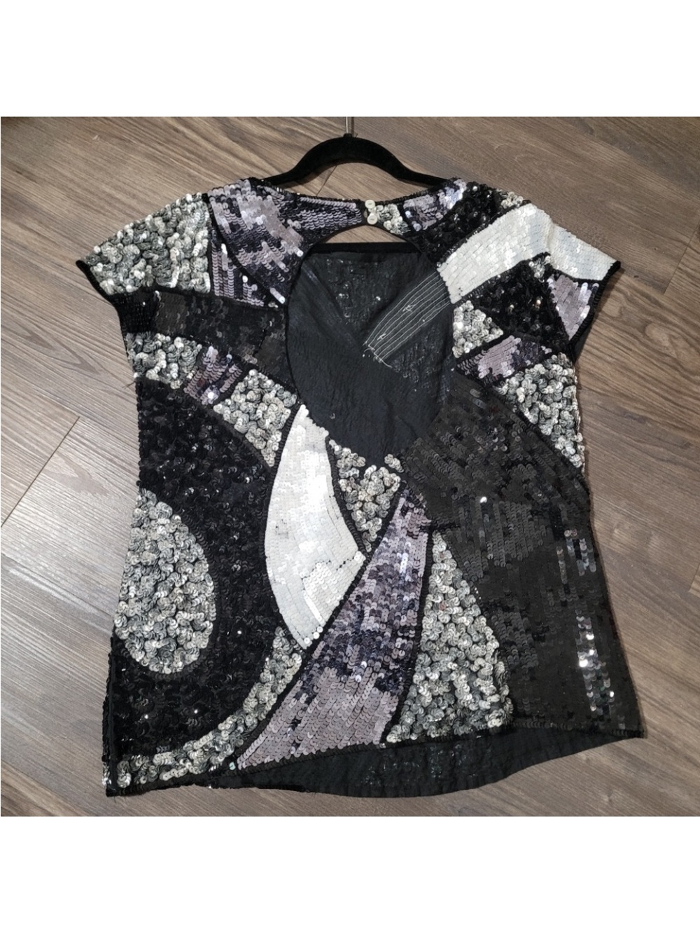 Alice + Olivia Black, Silver & Purple Sequin Short Sleeve Top
